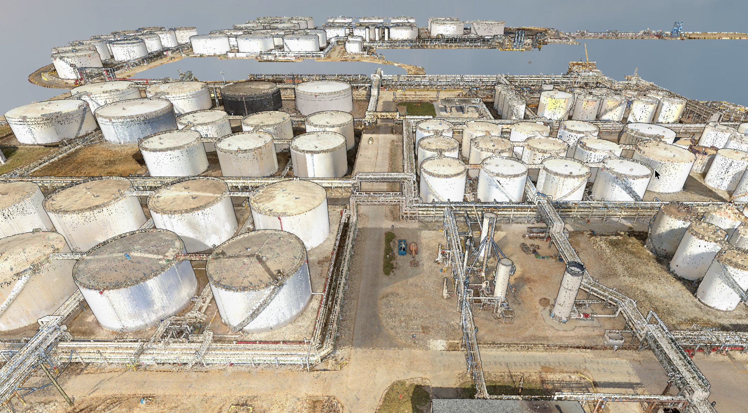 Detailed 3D tank-farm model showing storage tanks, pipe racks and equipment in their facility context
