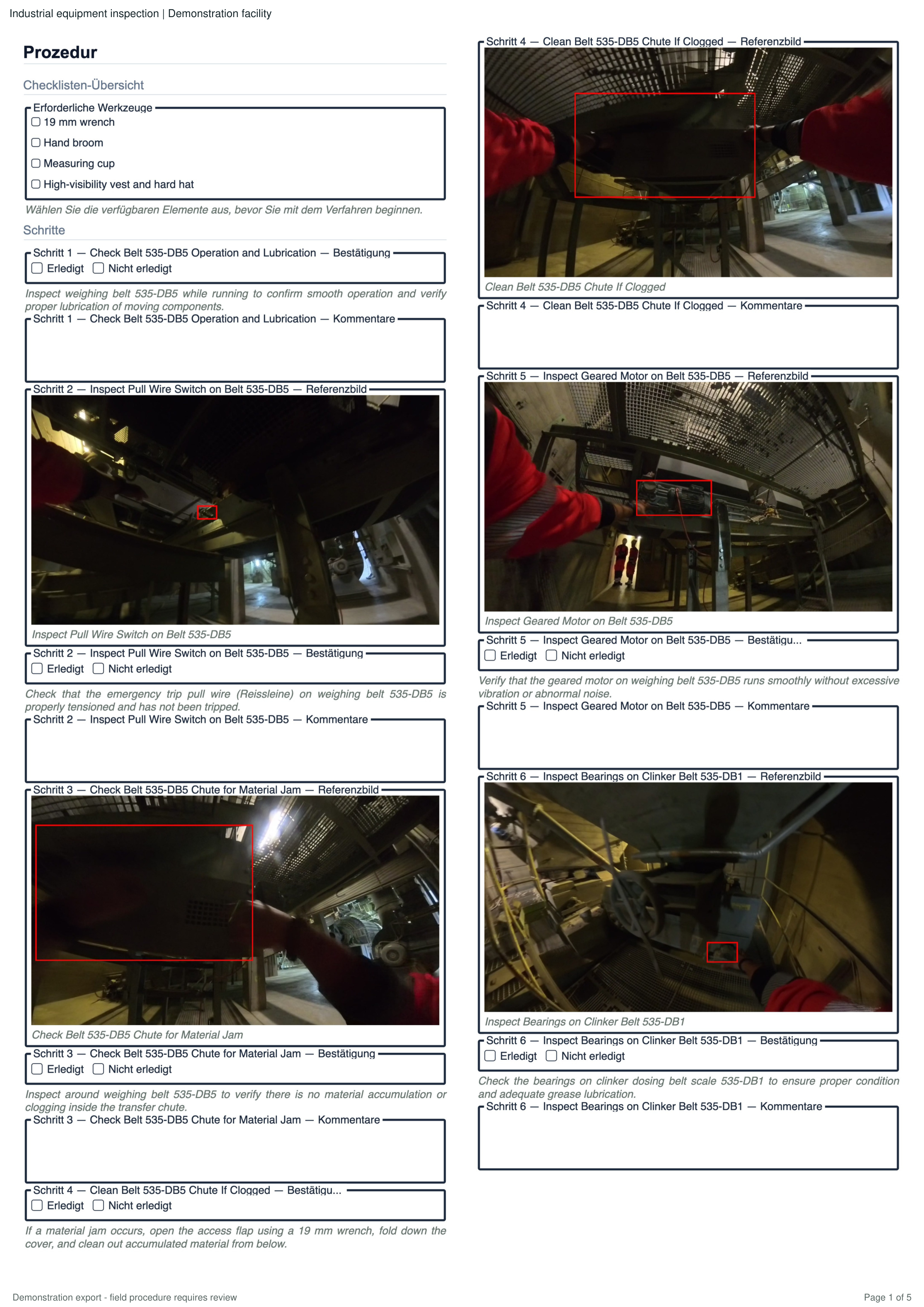 Checklist export with inspection steps and annotated equipment reference images