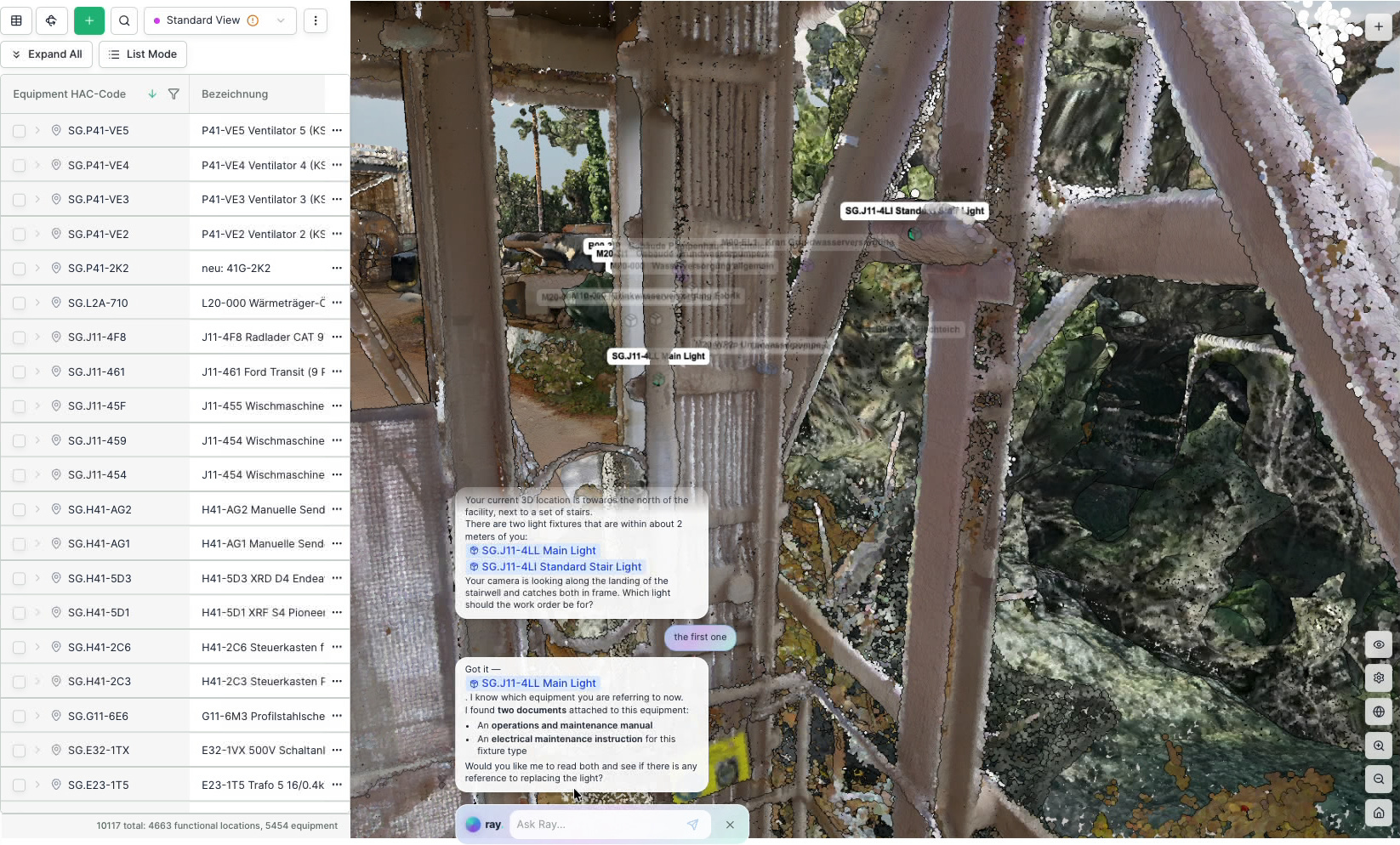 HyBird showing the industrial 3D environment, labelled equipment and connected asset information