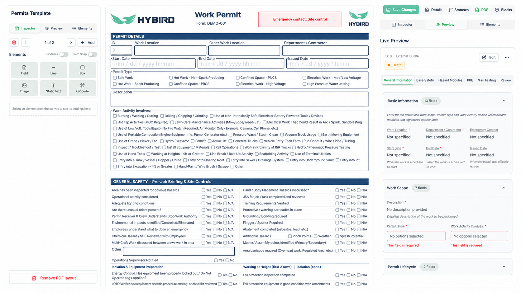 HyBird permit PDF template editor and print preview with customer information removed
