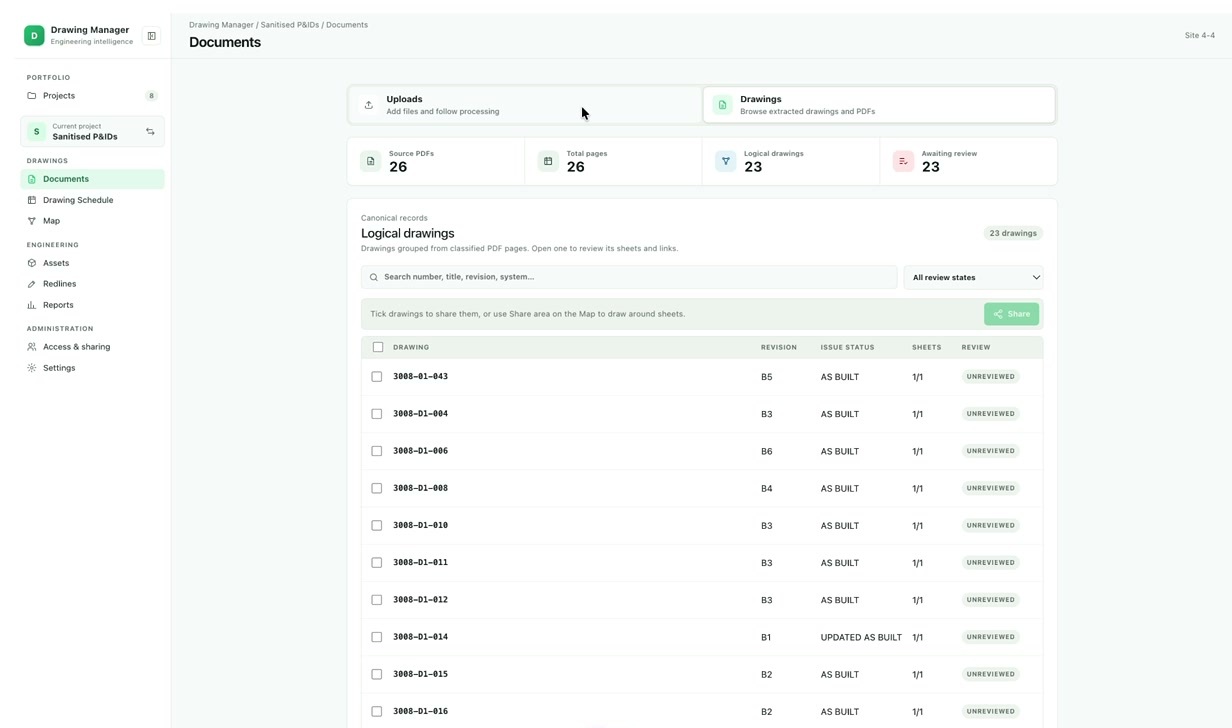 Drawing document control in HyBird, showing revisions, issue status, sheets and review states