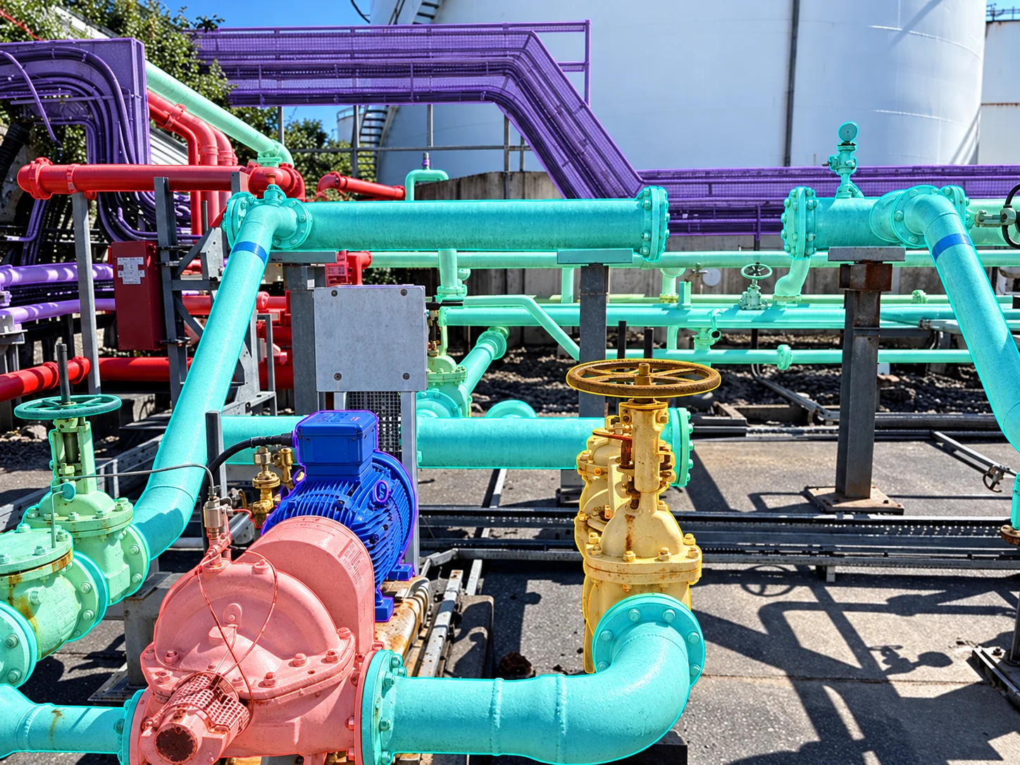 Industrial pump, motor, valves, pipework and cable trays identified with coloured overlays