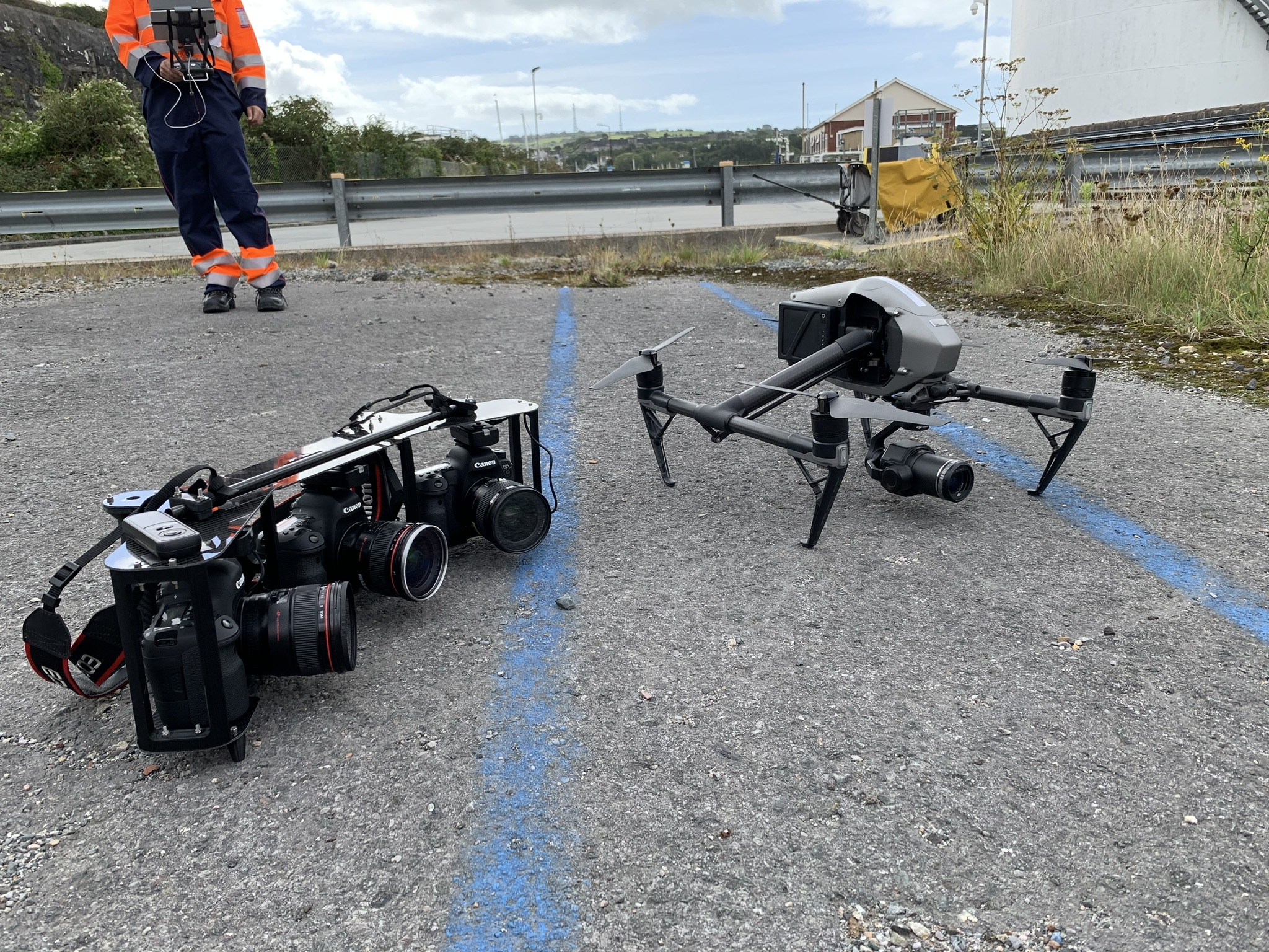 HyBird field capture equipment and aerial scanning drone at an industrial facility